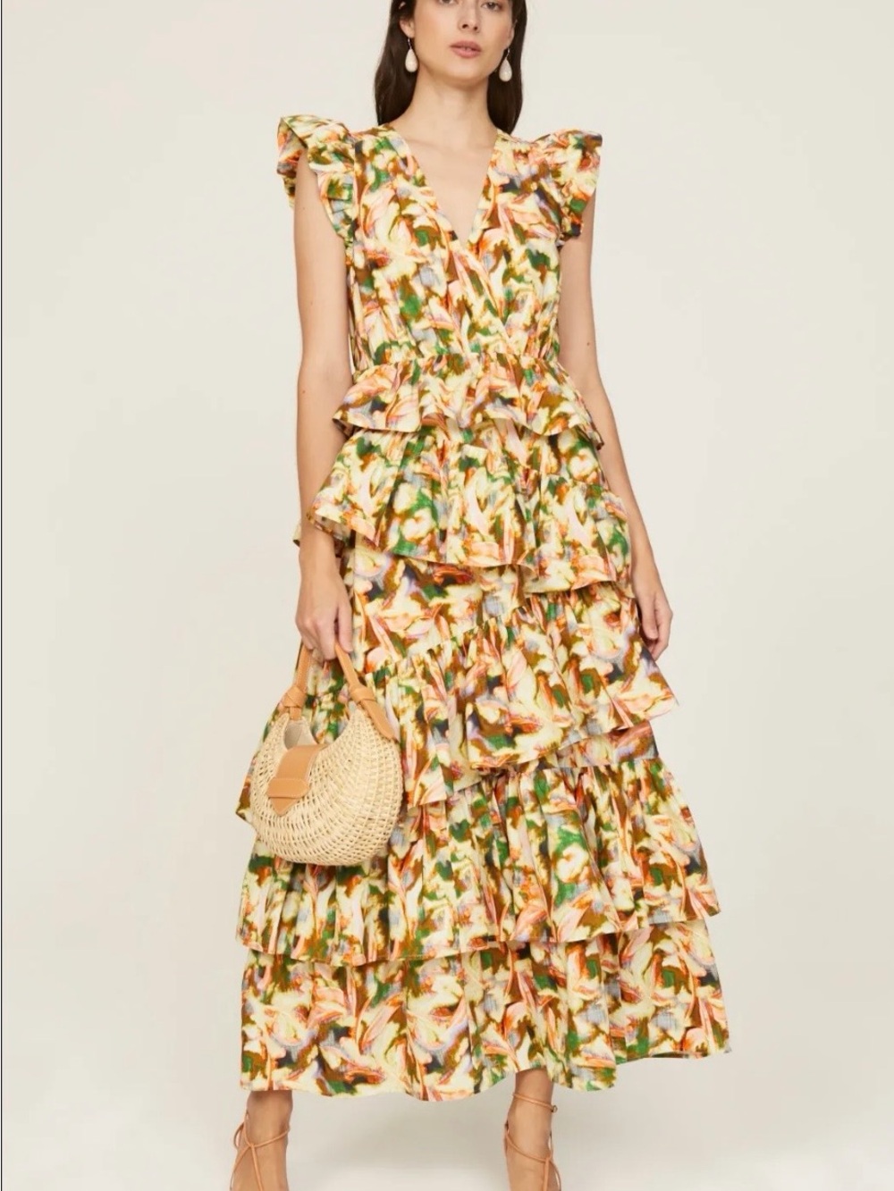 Marie Oliver Floral Tiered Ruffle Maxi Dress - Green & Peach